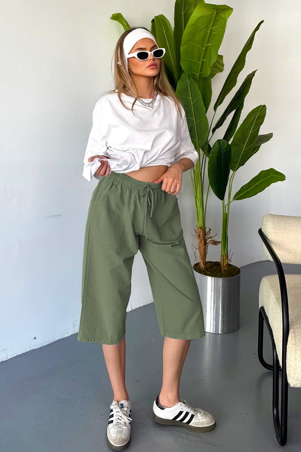 Kadın Büyük Beden Yüksek Bel Keten Görünümlü %100 Pamuk Kapri