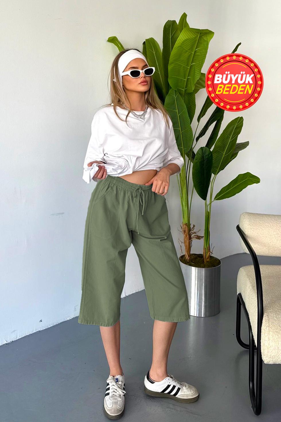 Kadın Büyük Beden Yüksek Bel Keten Görünümlü %100 Pamuk Kapri