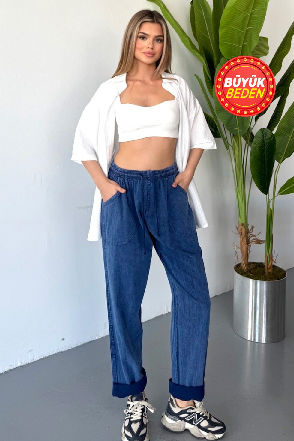 Kadın Büyük Beden Yüksek Bel Keten Görünümlü %100 Pamuk Pantolon