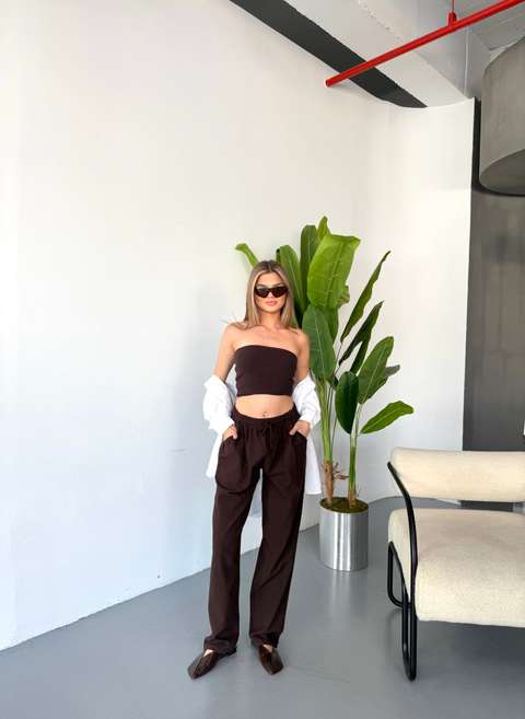 Kahve Rengi Kadın Büyük Beden Yüksek Bel Keten Görünümlü %100 Pamuk Pantolon W206