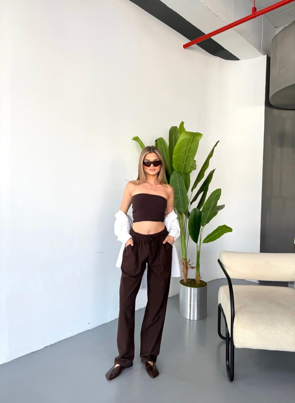 Kadın Büyük Beden Yüksek Bel Keten Görünümlü %100 Pamuk Pantolon