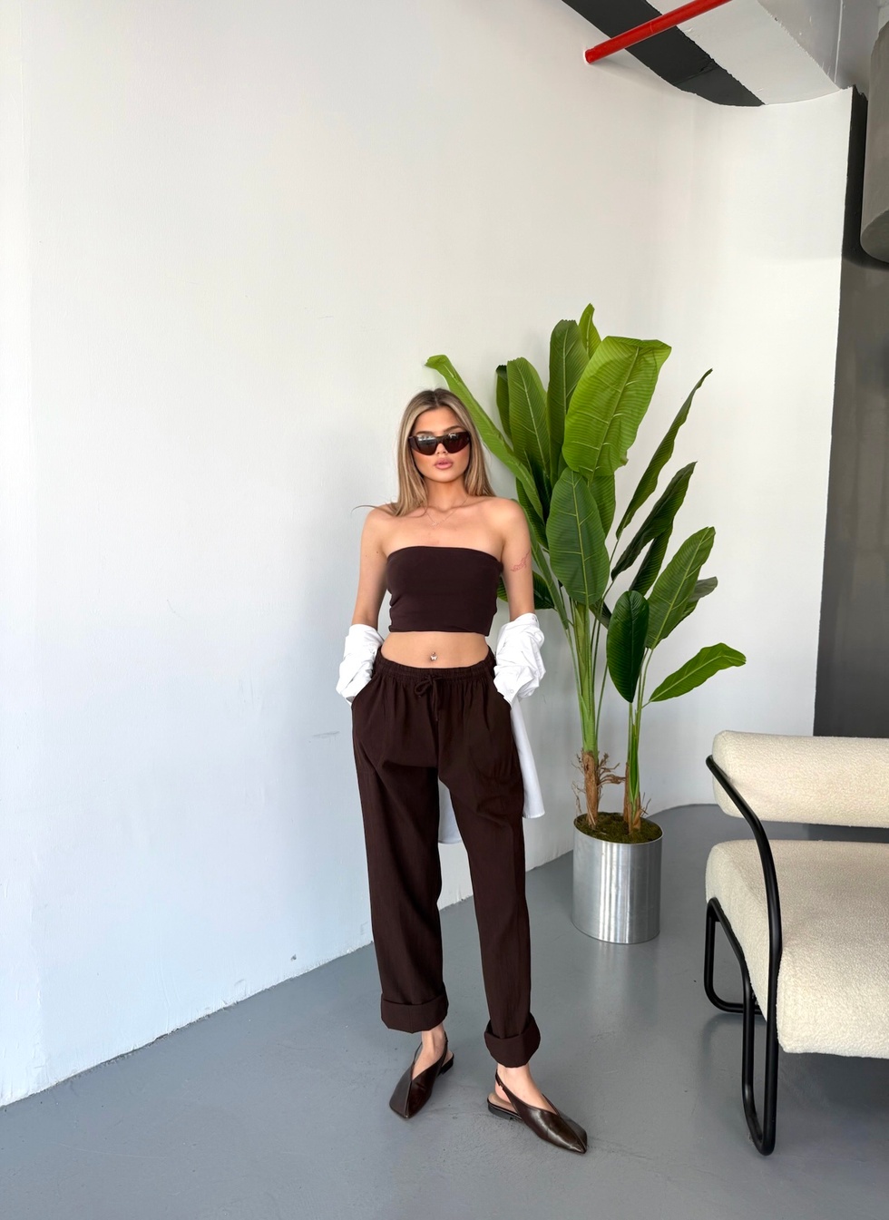 Kadın Büyük Beden Yüksek Bel Keten Görünümlü %100 Pamuk Pantolon