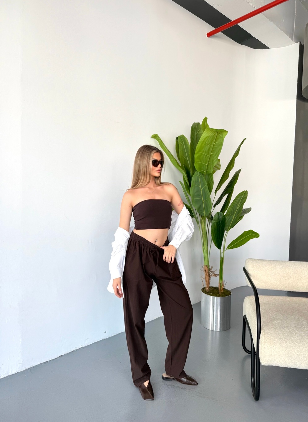 Kadın Büyük Beden Yüksek Bel Keten Görünümlü %100 Pamuk Pantolon