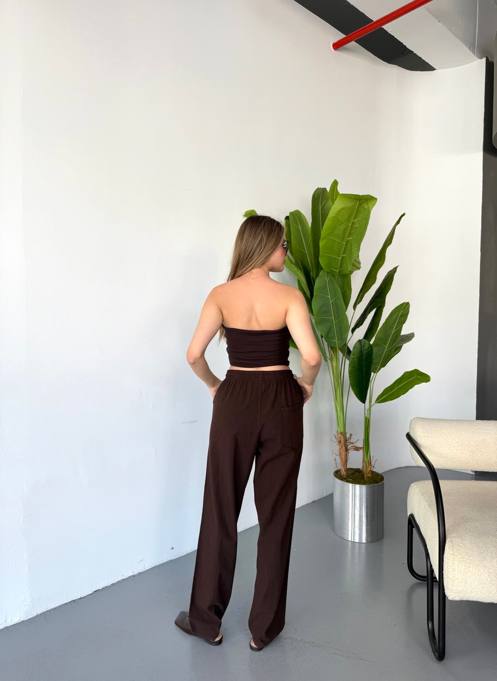 Kadın Büyük Beden Yüksek Bel Keten Görünümlü %100 Pamuk Pantolon