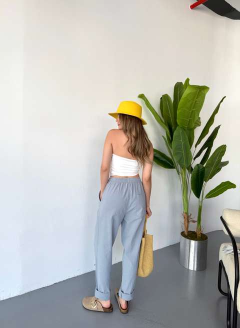 Açık Gri Kadın Büyük Beden Yüksek Bel Keten Görünümlü %100 Pamuk Pantolon W206