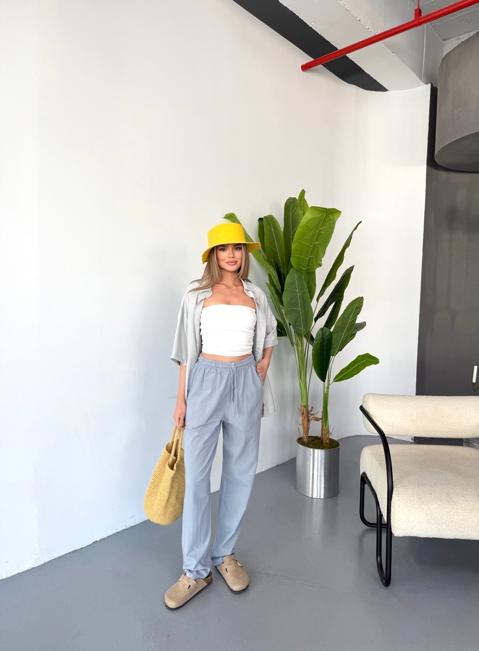 Kadın Büyük Beden Yüksek Bel Keten Görünümlü %100 Pamuk Pantolon