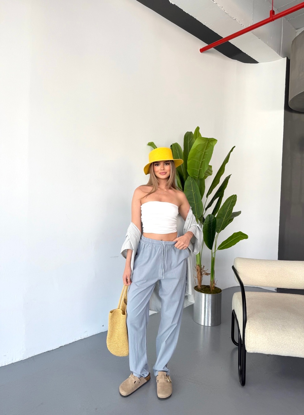 Kadın Büyük Beden Yüksek Bel Keten Görünümlü %100 Pamuk Pantolon