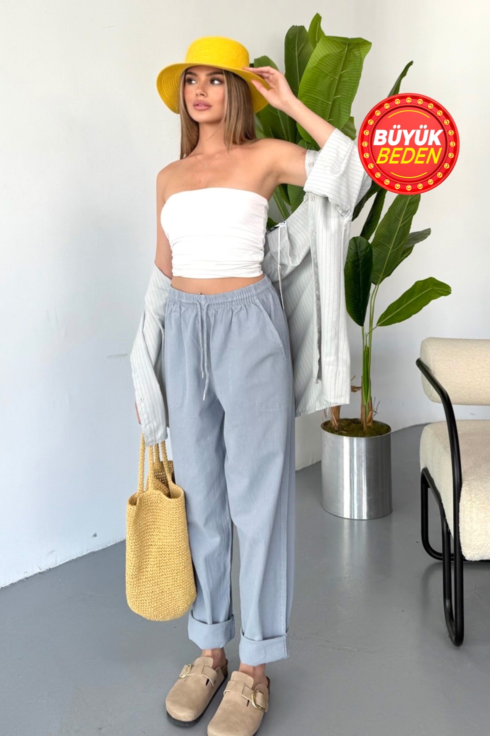 Kadın Büyük Beden Yüksek Bel Keten Görünümlü %100 Pamuk Pantolon