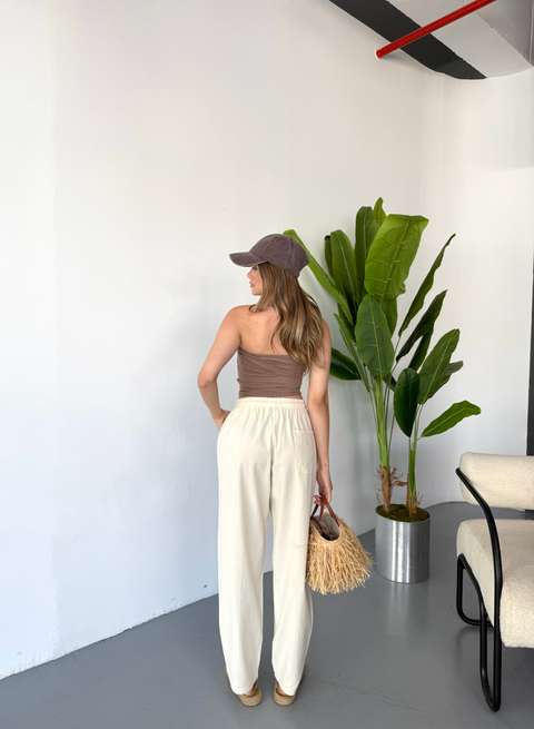 Ekru Kadın Büyük Beden Yüksek Bel Keten Görünümlü %100 Pamuk Pantolon W206