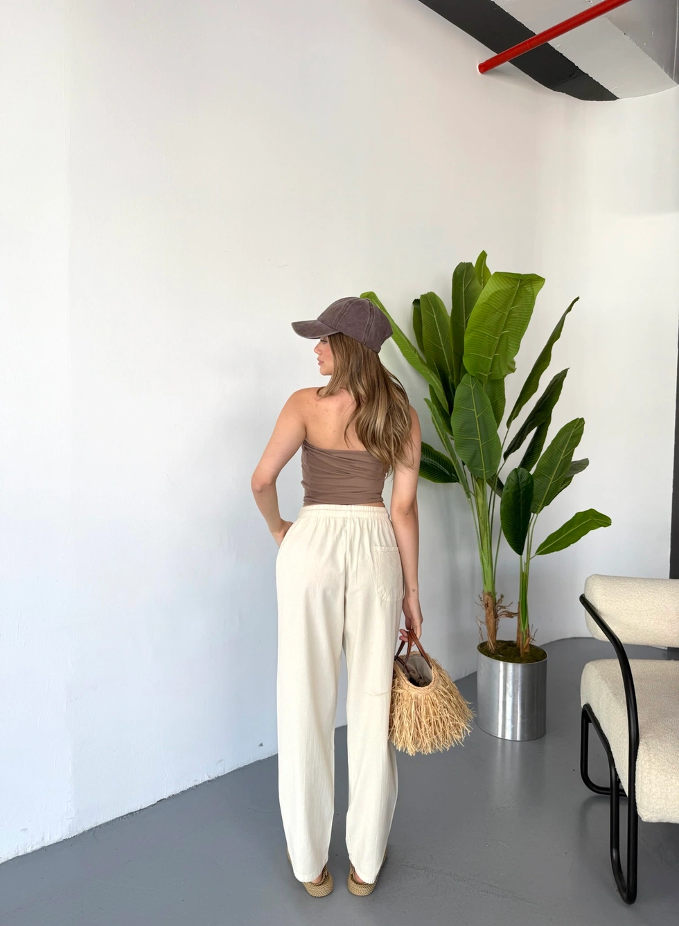 Kadın Büyük Beden Yüksek Bel Keten Görünümlü %100 Pamuk Pantolon