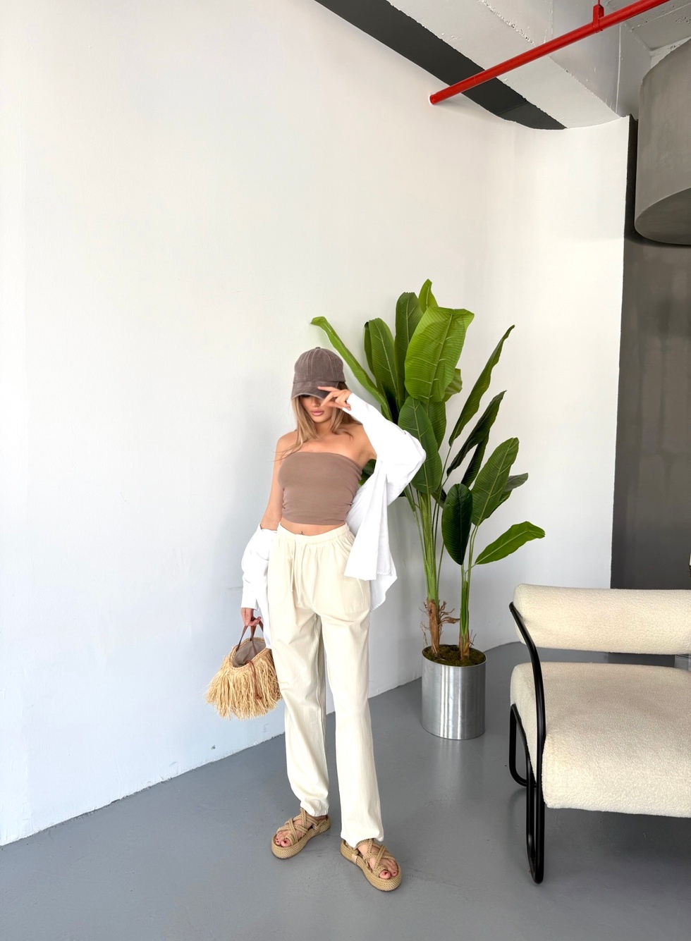 Kadın Büyük Beden Yüksek Bel Keten Görünümlü %100 Pamuk Pantolon