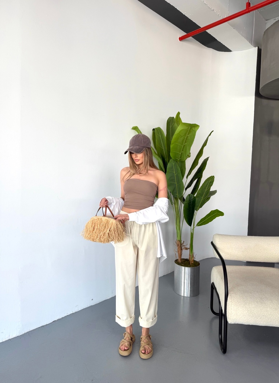 Kadın Büyük Beden Yüksek Bel Keten Görünümlü %100 Pamuk Pantolon