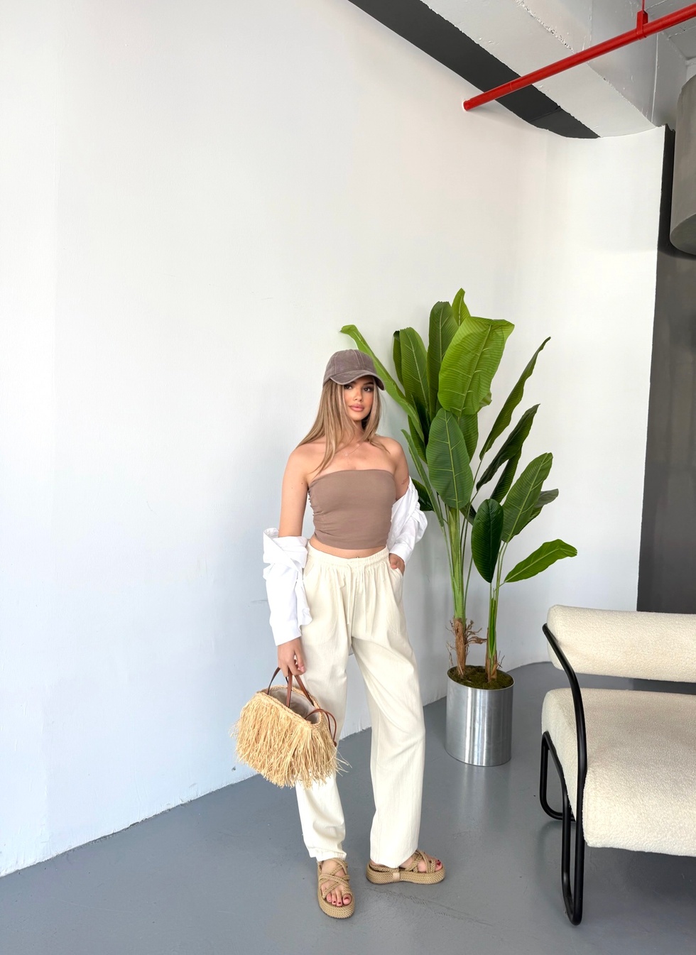 Kadın Büyük Beden Yüksek Bel Keten Görünümlü %100 Pamuk Pantolon