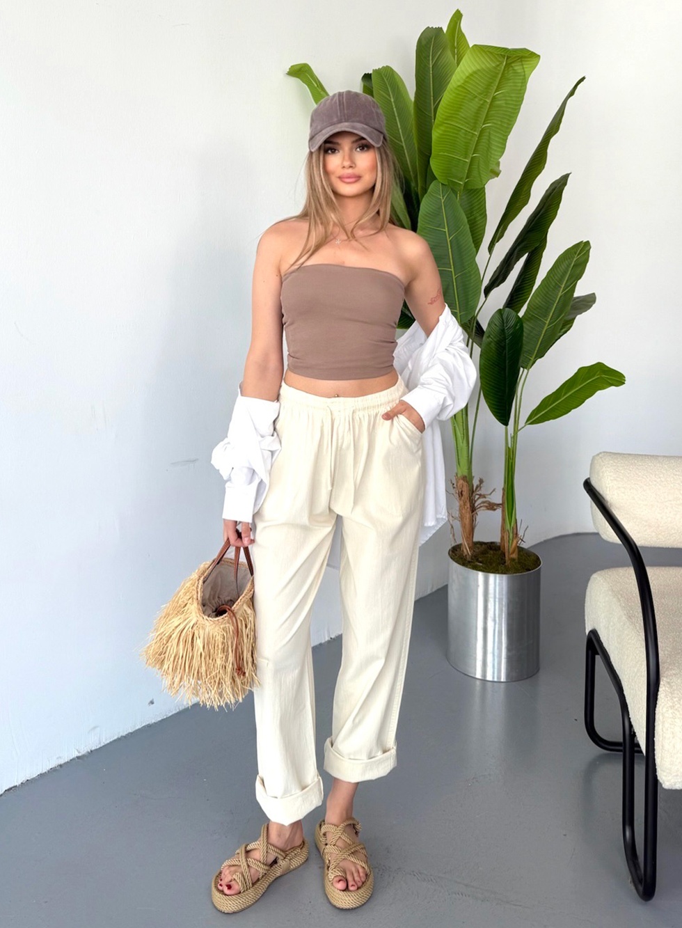 Kadın Büyük Beden Yüksek Bel Keten Görünümlü %100 Pamuk Pantolon