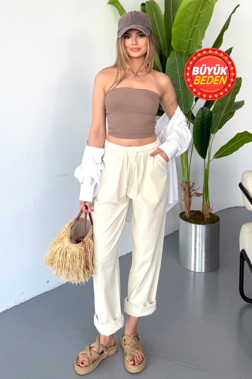 Kadın Büyük Beden Yüksek Bel Keten Görünümlü %100 Pamuk Pantolon