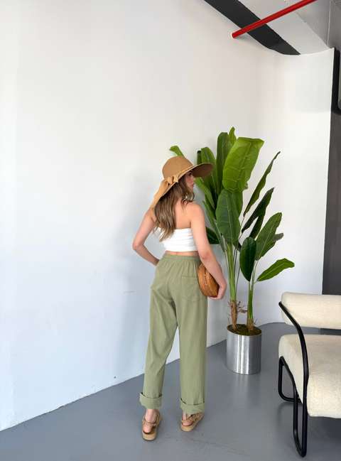 Çağla Kadın Büyük Beden Yüksek Bel Keten Görünümlü %100 Pamuk Pantolon W206