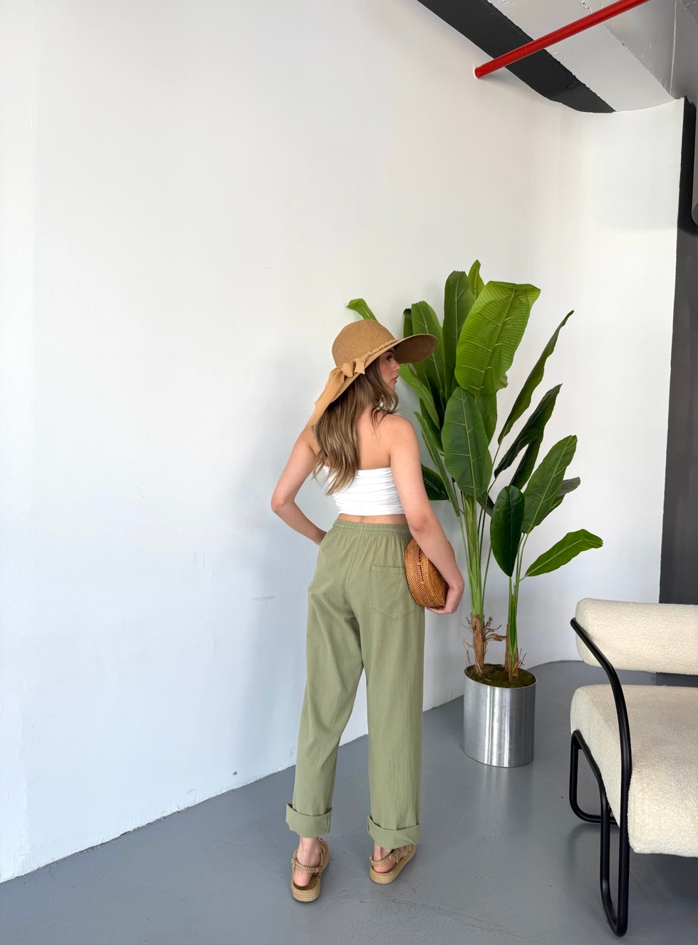 Kadın Büyük Beden Yüksek Bel Keten Görünümlü %100 Pamuk Pantolon