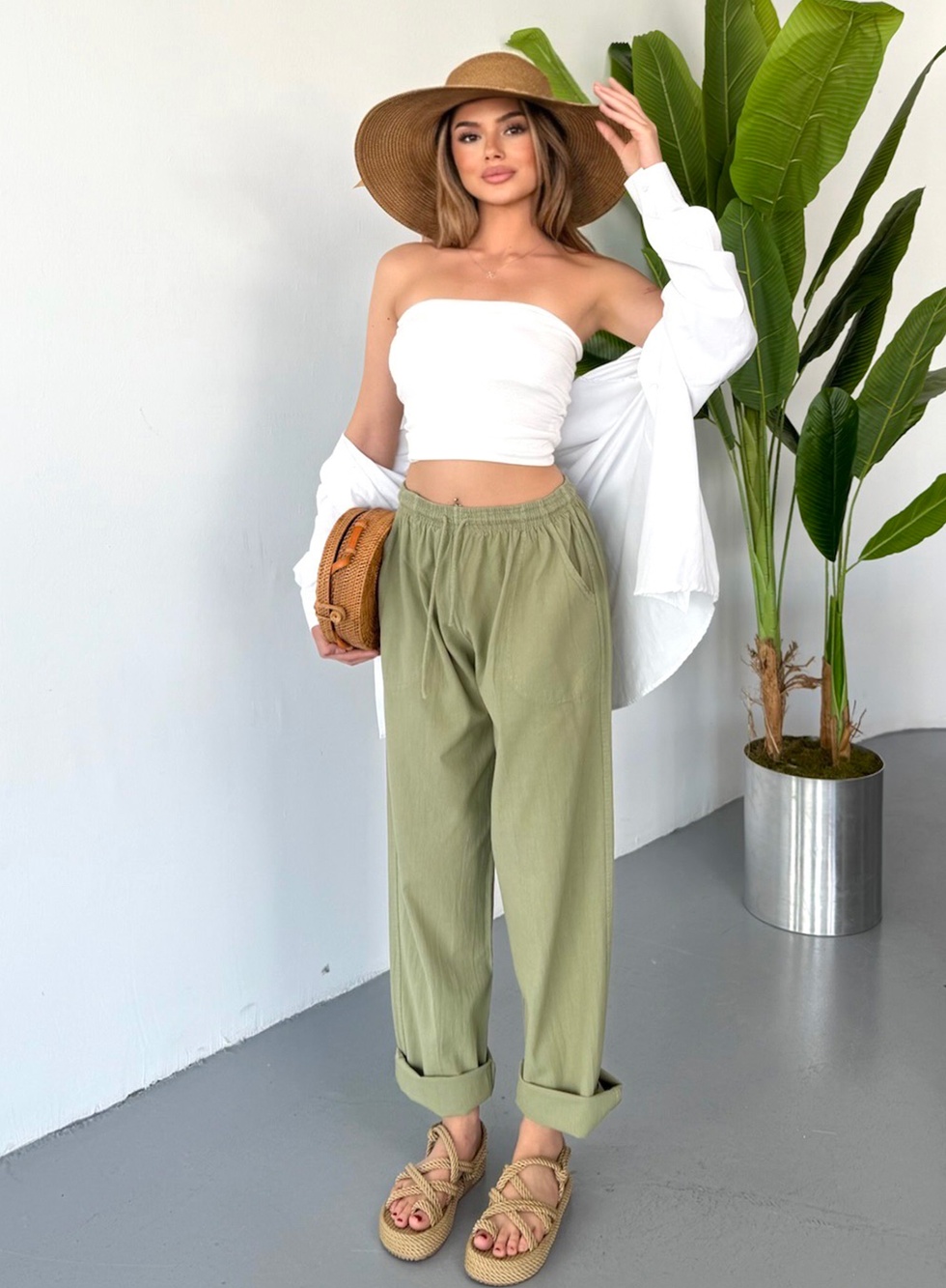 Kadın Büyük Beden Yüksek Bel Keten Görünümlü %100 Pamuk Pantolon