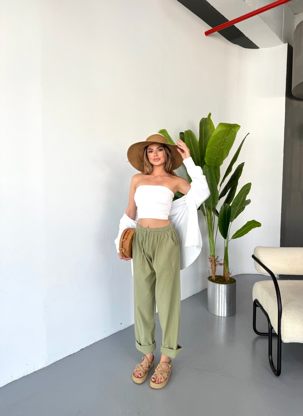 Kadın Büyük Beden Yüksek Bel Keten Görünümlü %100 Pamuk Pantolon