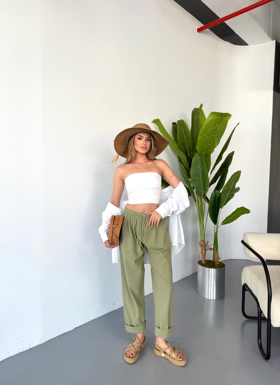 Kadın Büyük Beden Yüksek Bel Keten Görünümlü %100 Pamuk Pantolon