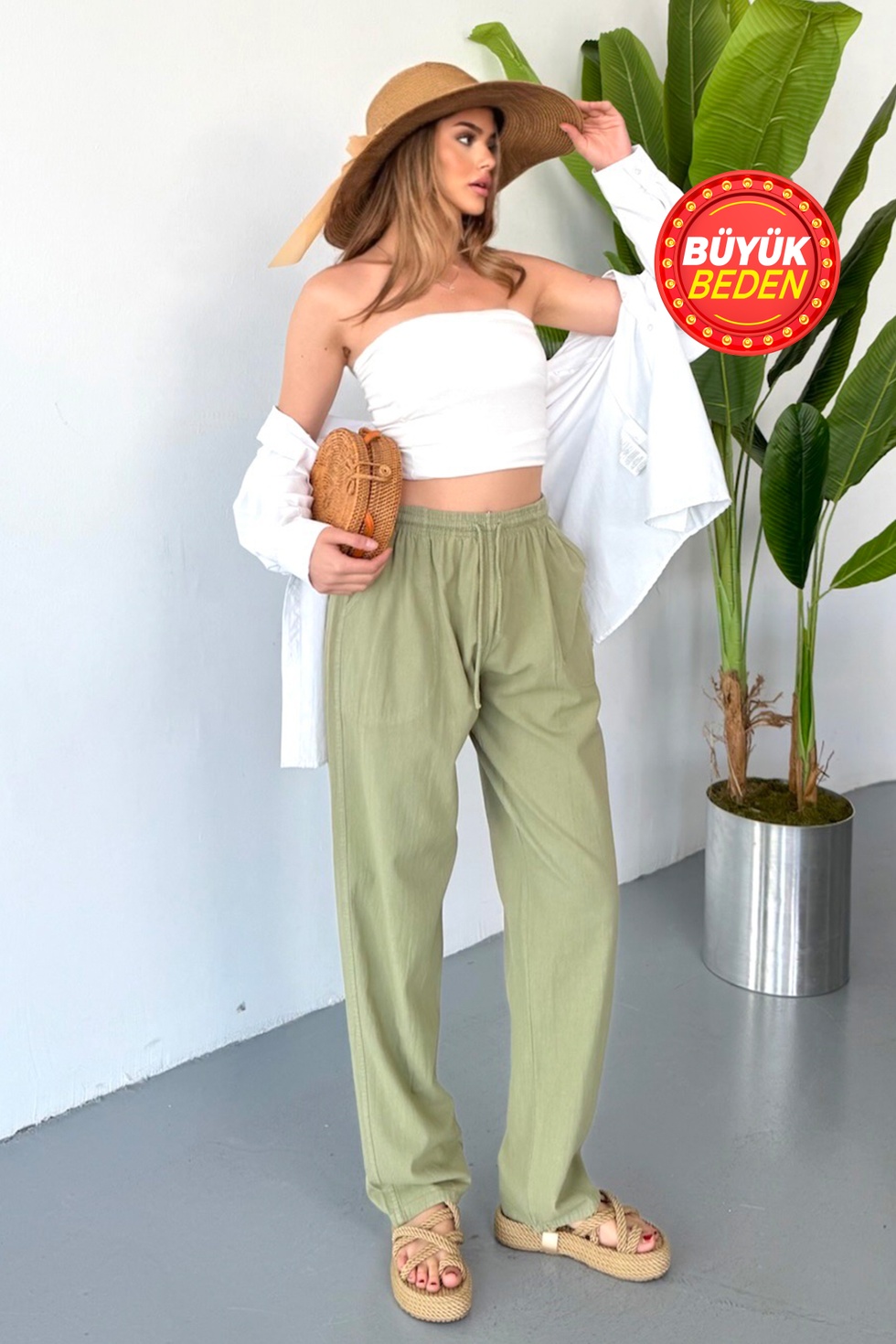 Kadın Büyük Beden Yüksek Bel Keten Görünümlü %100 Pamuk Pantolon