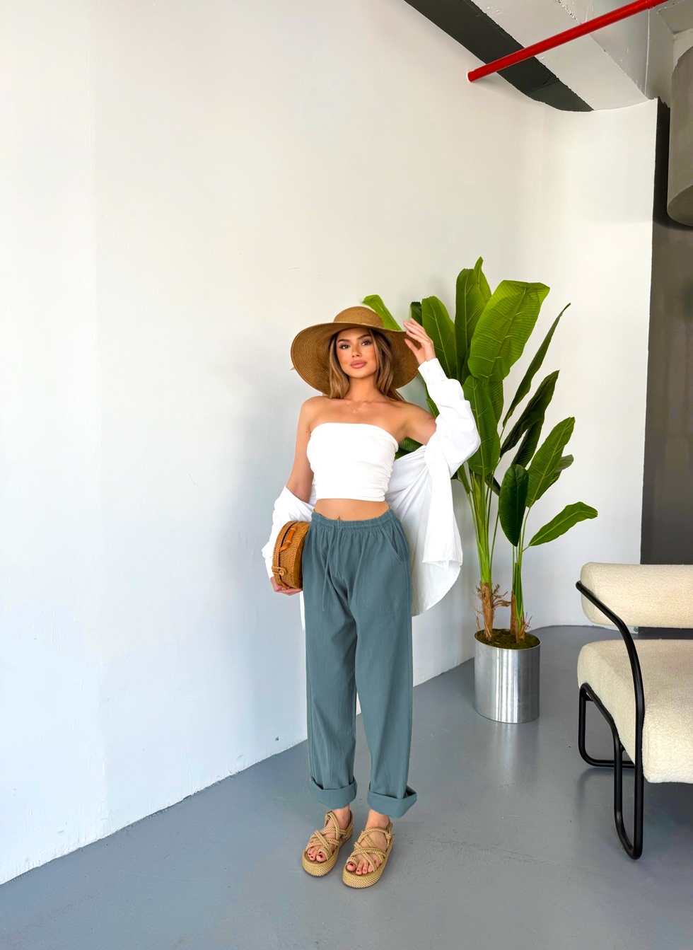 Kadın Büyük Beden Yüksek Bel Keten Görünümlü %100 Pamuk Pantolon