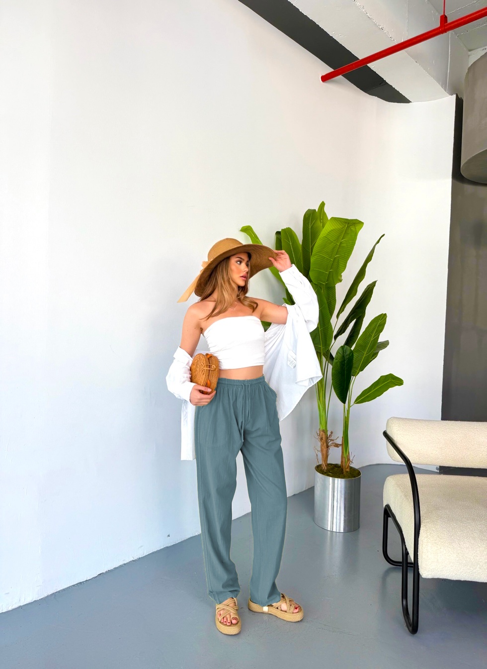 Kadın Büyük Beden Yüksek Bel Keten Görünümlü %100 Pamuk Pantolon