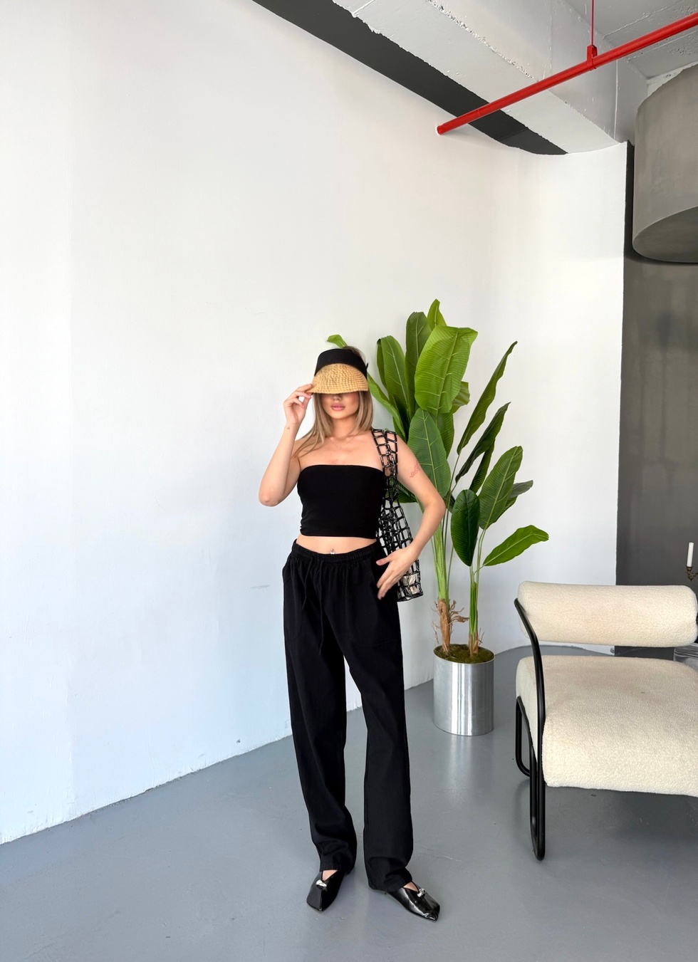 Kadın Büyük Beden Yüksek Bel Keten Görünümlü %100 Pamuk Pantolon