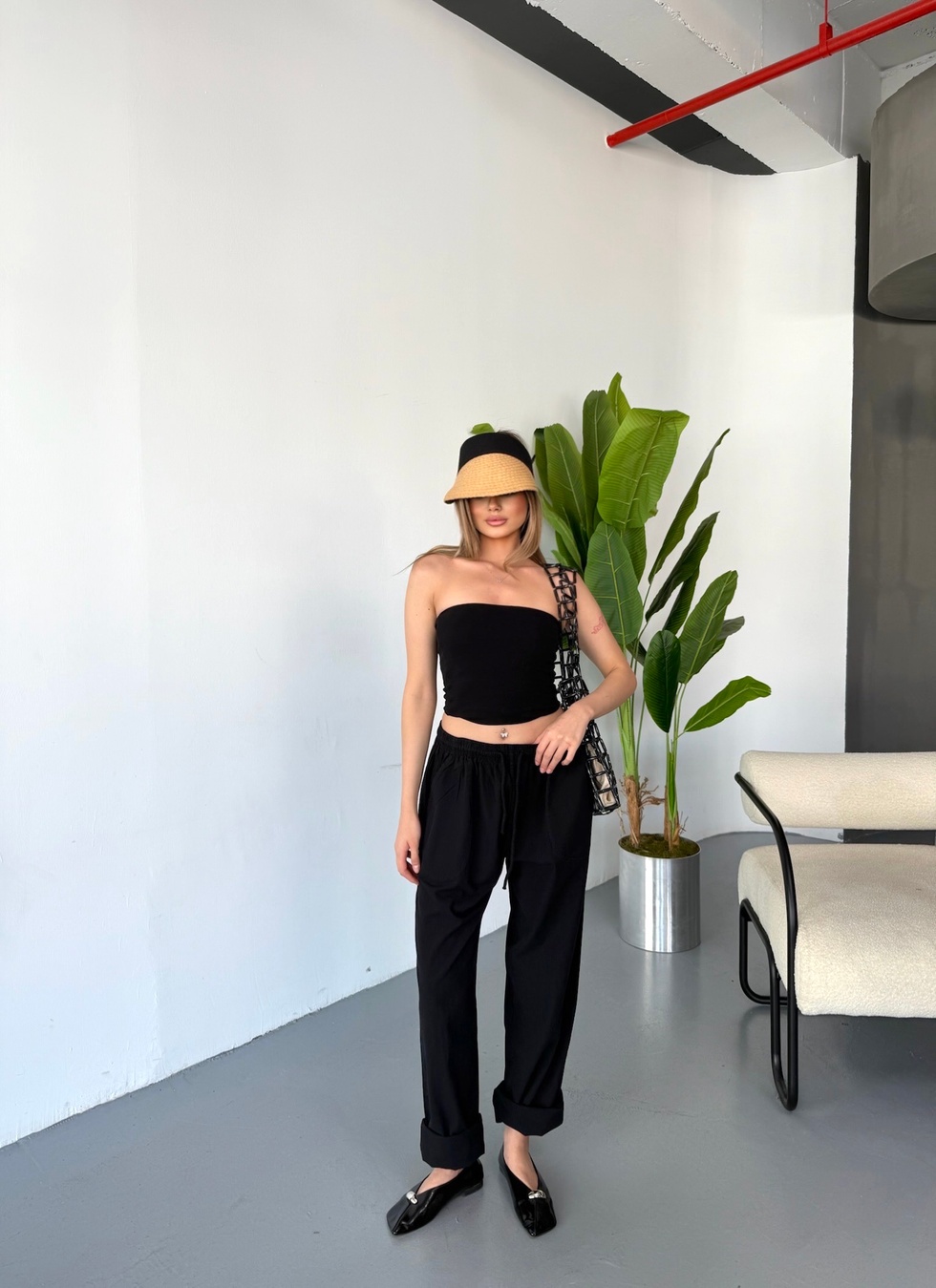 Kadın Büyük Beden Yüksek Bel Keten Görünümlü %100 Pamuk Pantolon