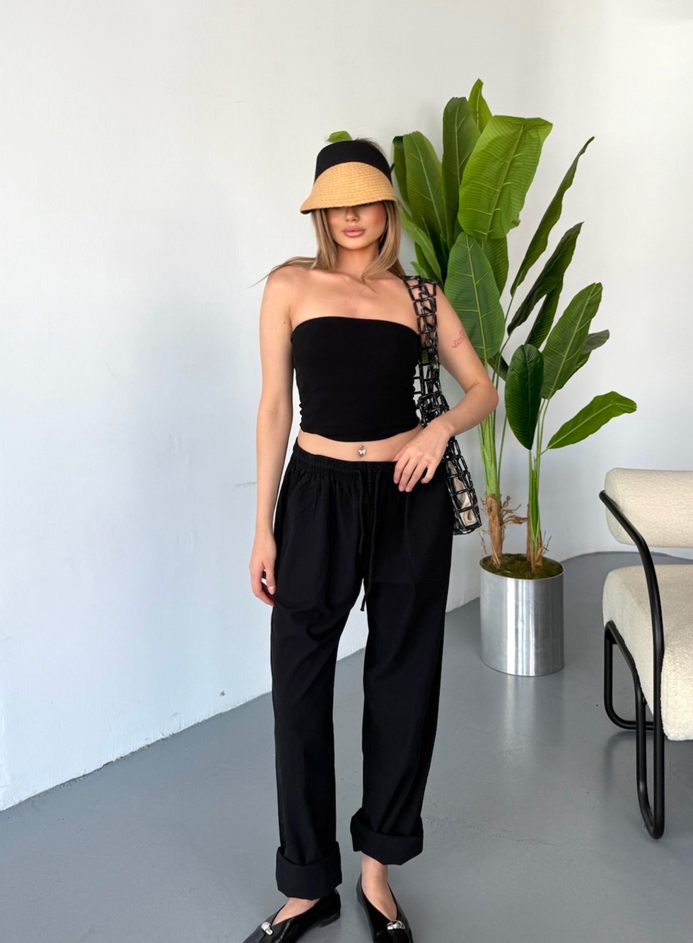 Kadın Büyük Beden Yüksek Bel Keten Görünümlü %100 Pamuk Pantolon