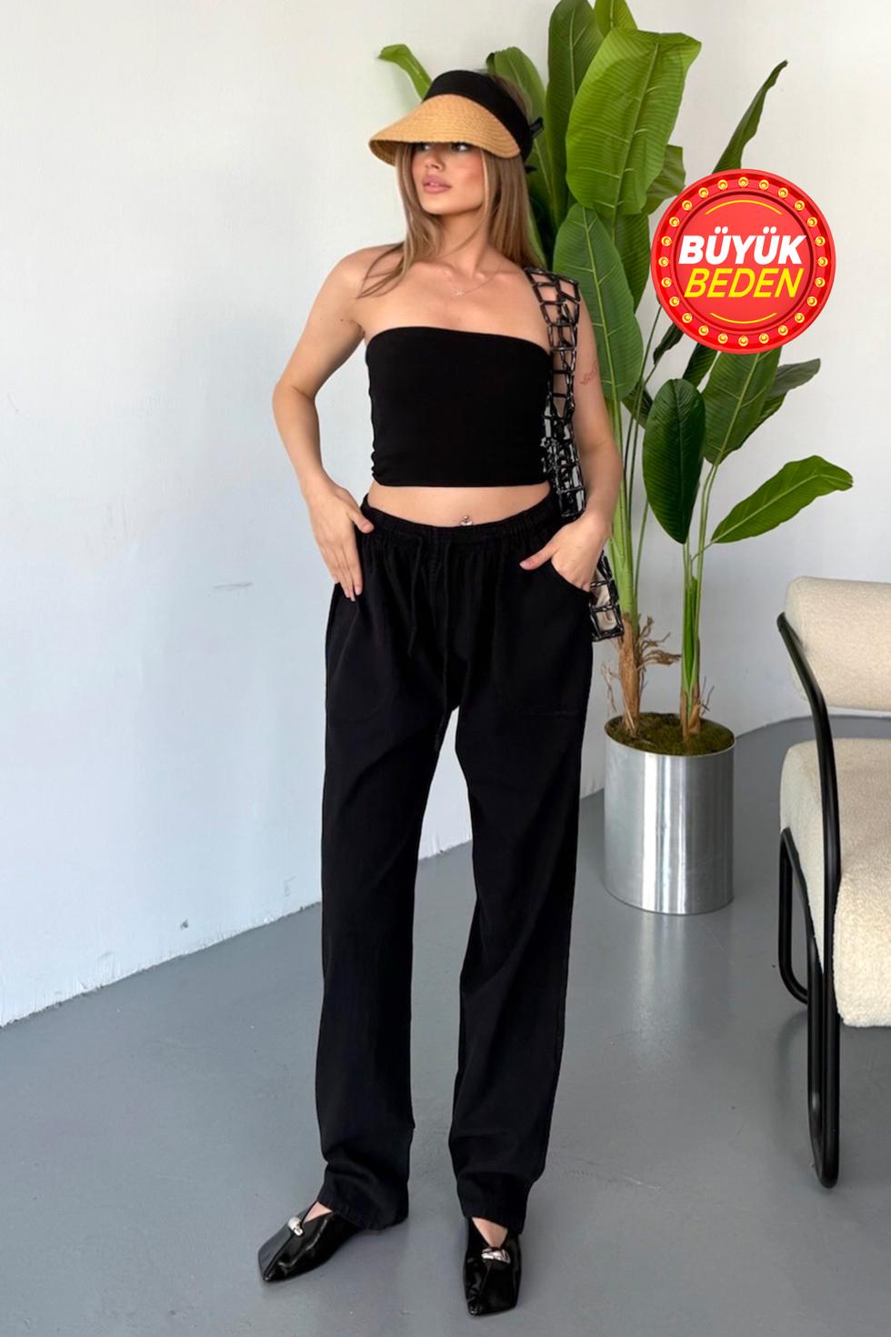 Kadın Büyük Beden Yüksek Bel Keten Görünümlü %100 Pamuk Pantolon