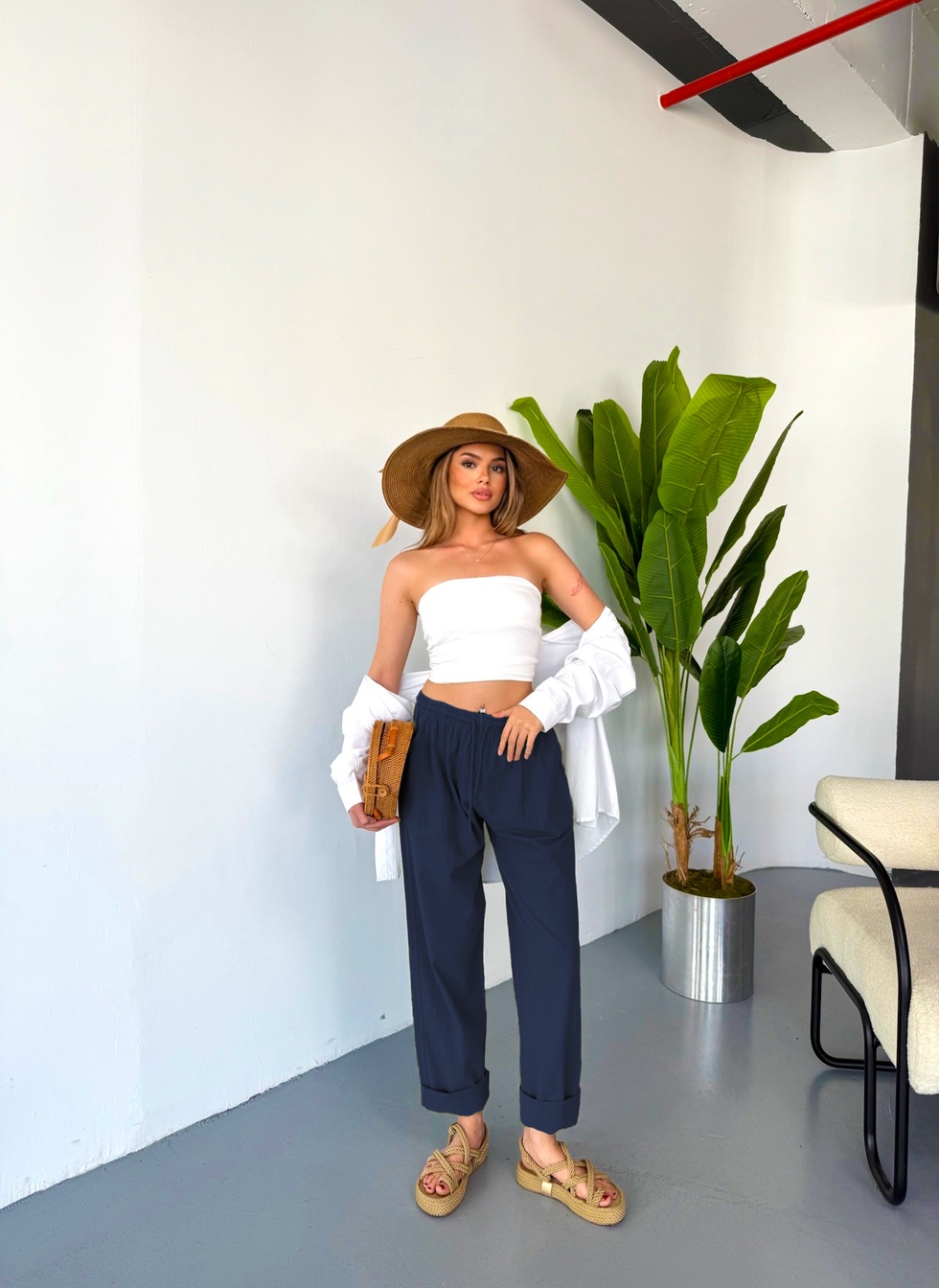 Kadın Büyük Beden Yüksek Bel Keten Görünümlü %100 Pamuk Pantolon