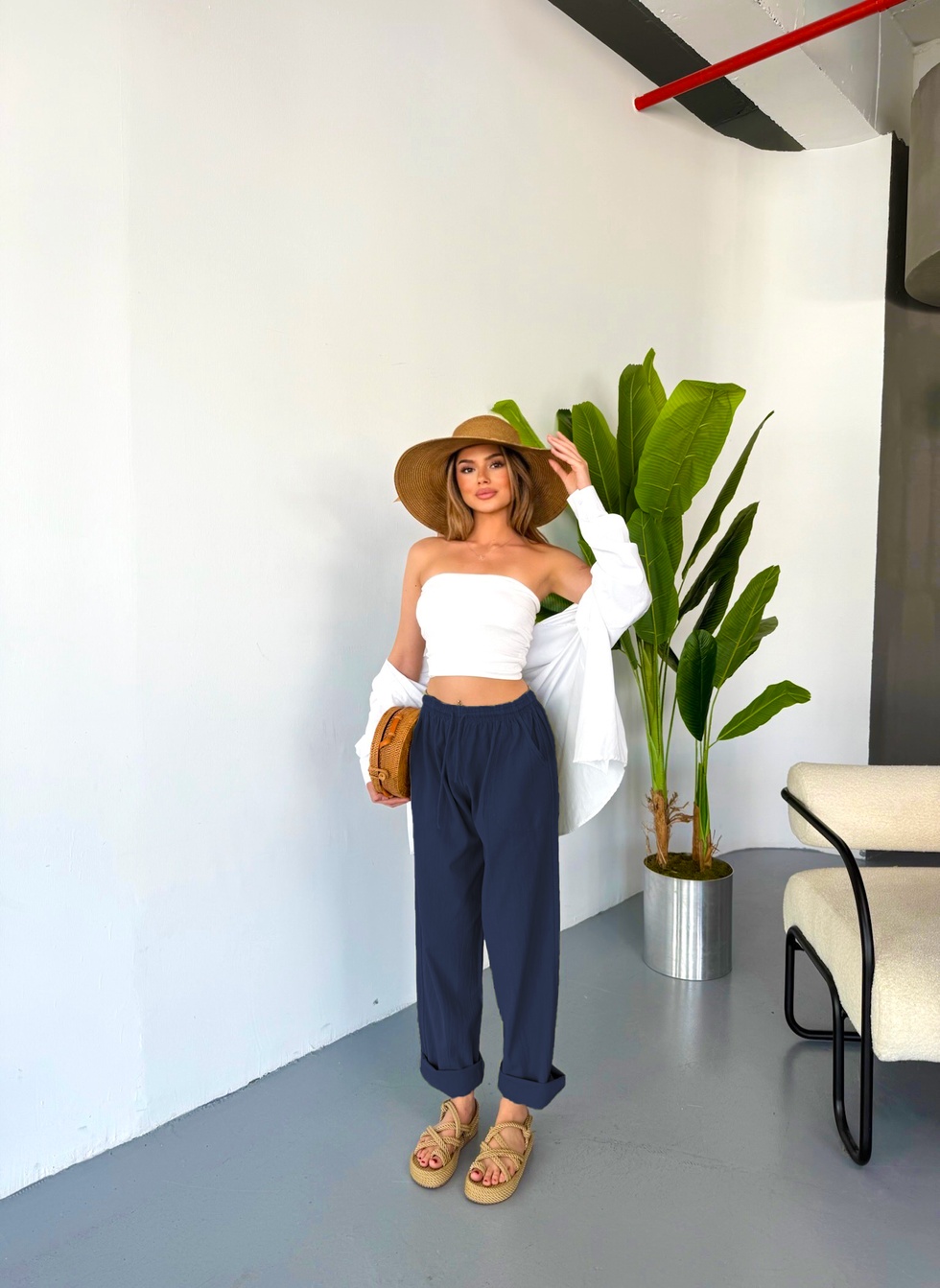 Kadın Büyük Beden Yüksek Bel Keten Görünümlü %100 Pamuk Pantolon