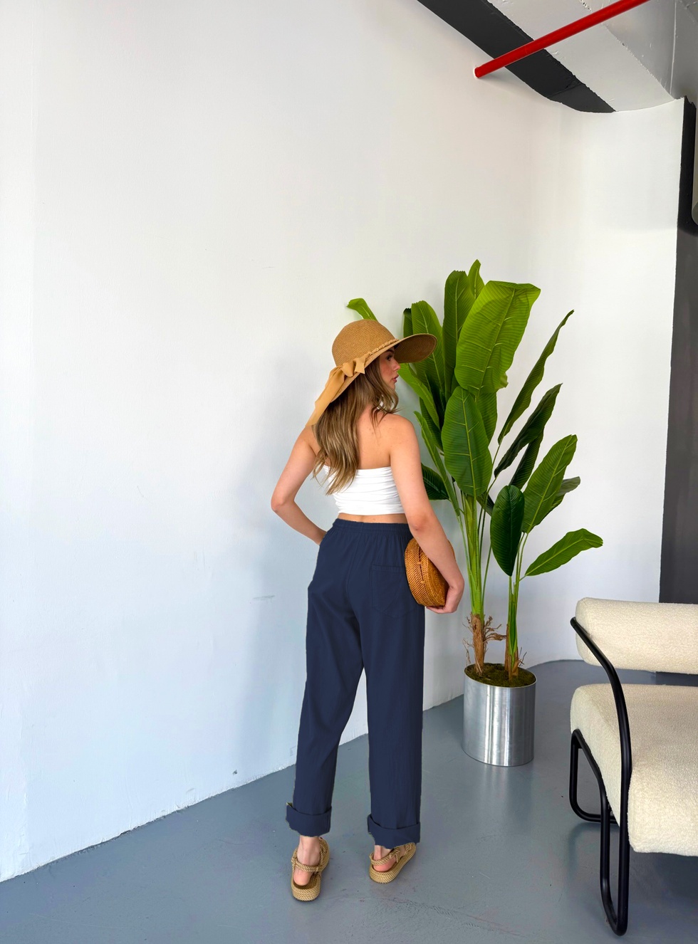 Kadın Büyük Beden Yüksek Bel Keten Görünümlü %100 Pamuk Pantolon