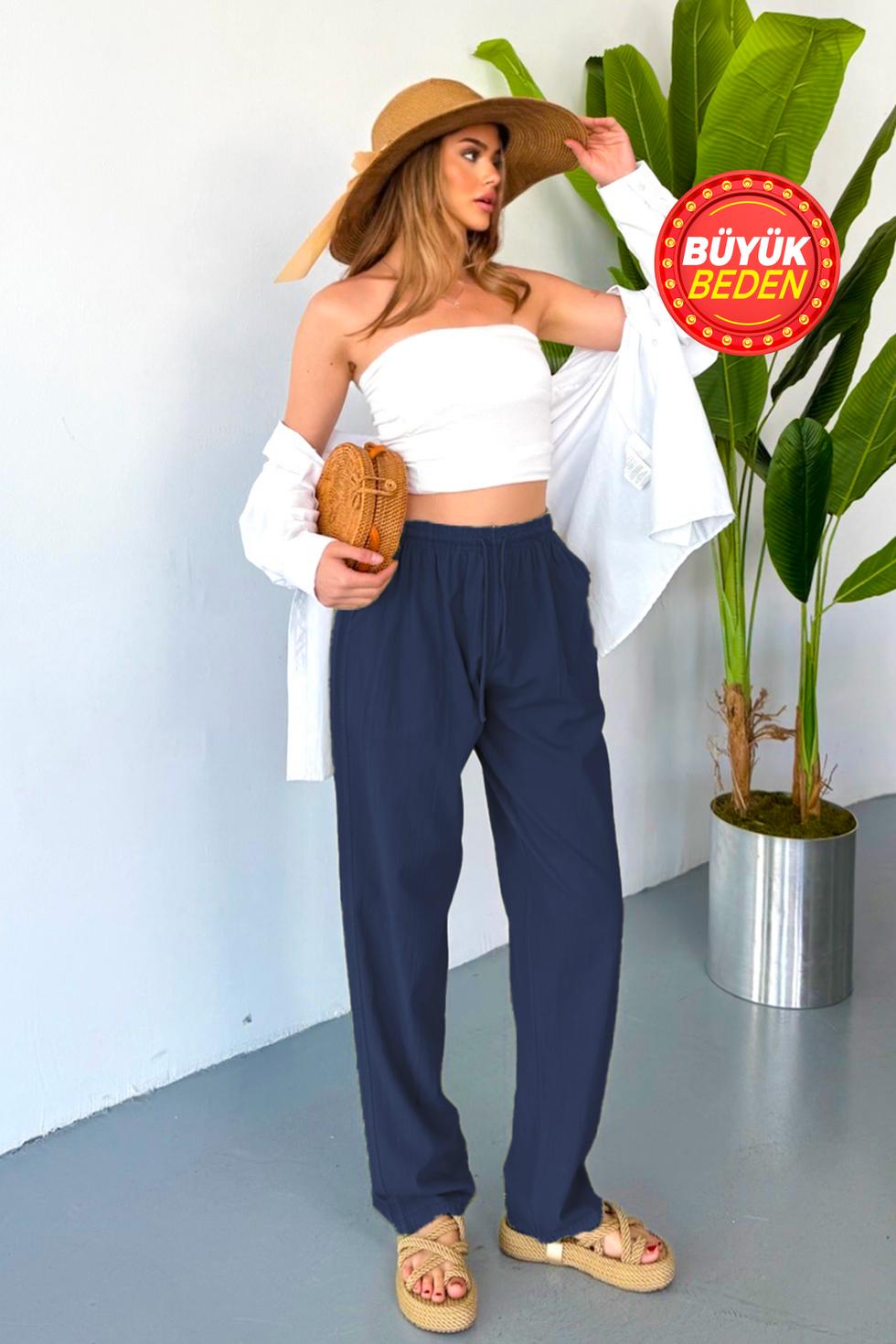 Kadın Büyük Beden Yüksek Bel Keten Görünümlü %100 Pamuk Pantolon