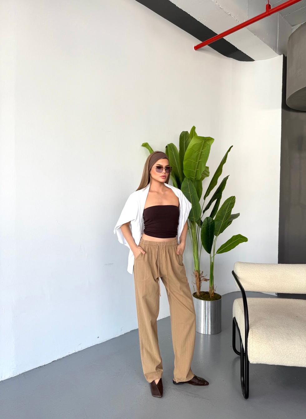 Kadın Büyük Beden Yüksek Bel Keten Görünümlü %100 Pamuk Pantolon