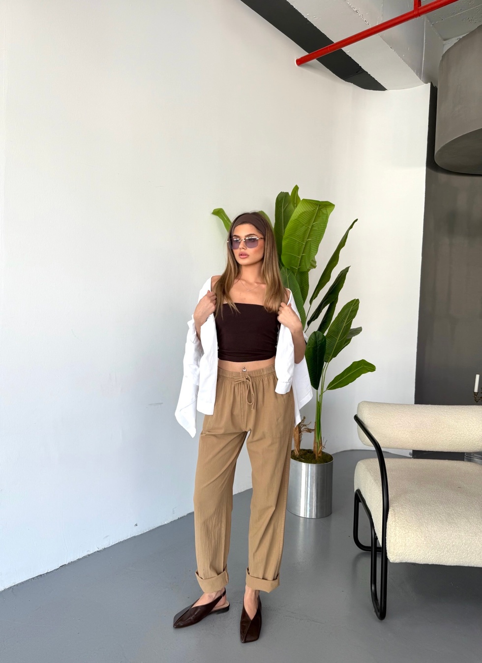 Kadın Büyük Beden Yüksek Bel Keten Görünümlü %100 Pamuk Pantolon