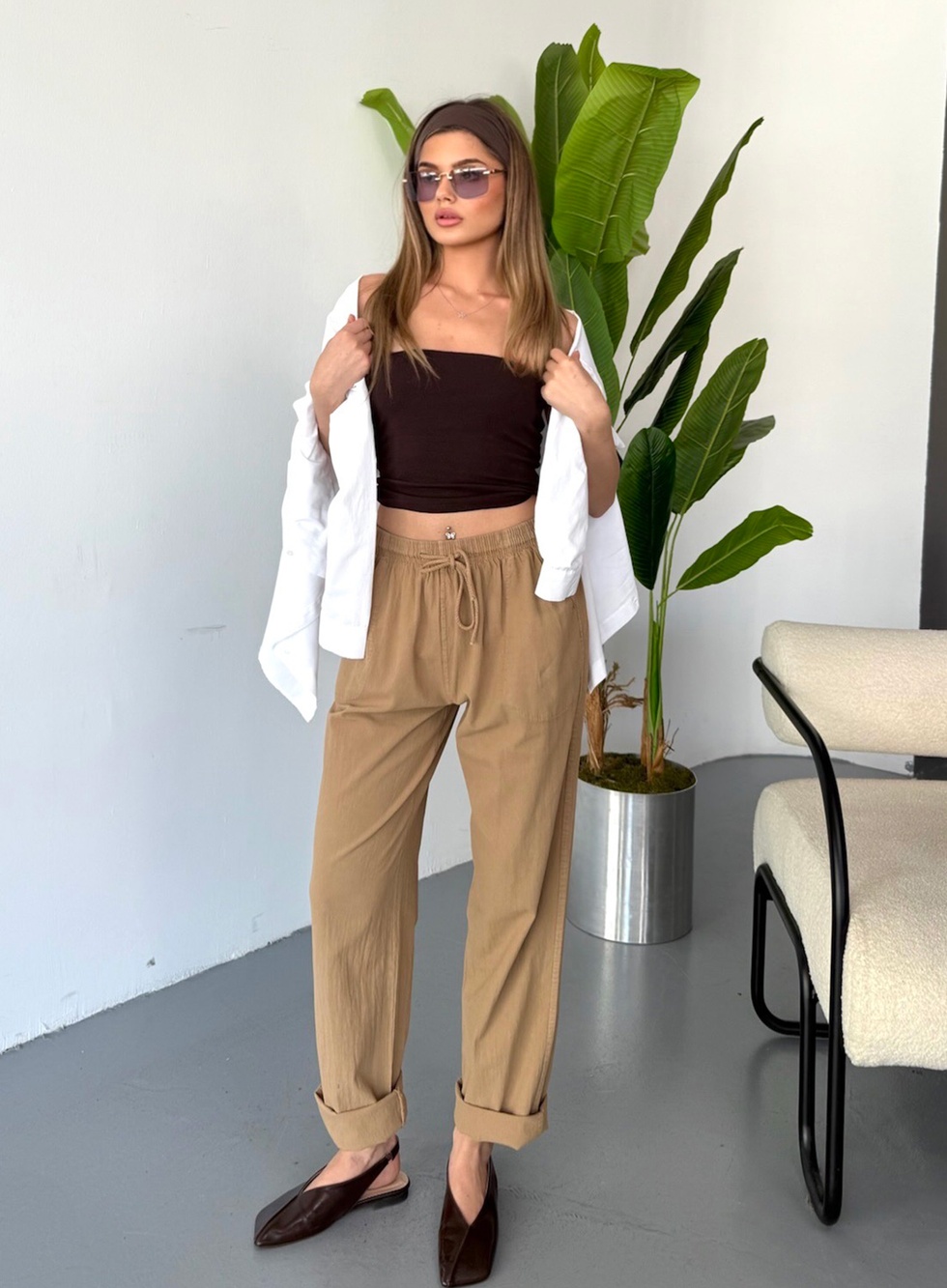 Kadın Büyük Beden Yüksek Bel Keten Görünümlü %100 Pamuk Pantolon
