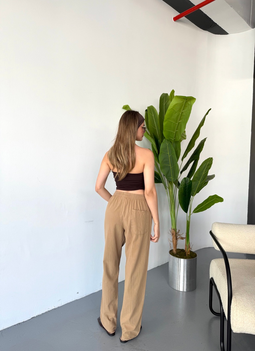 Kadın Büyük Beden Yüksek Bel Keten Görünümlü %100 Pamuk Pantolon
