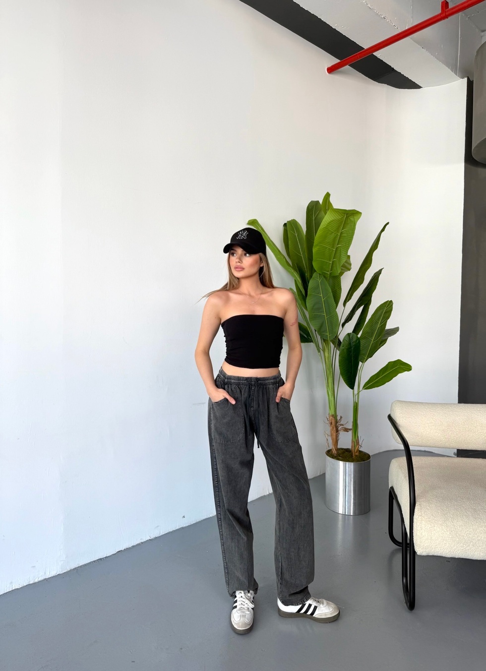 Kadın Büyük Beden Yüksek Bel Keten Görünümlü %100 Pamuk Pantolon