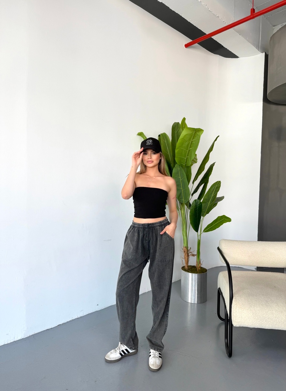 Kadın Büyük Beden Yüksek Bel Keten Görünümlü %100 Pamuk Pantolon