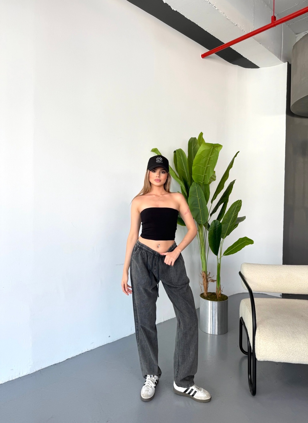 Kadın Büyük Beden Yüksek Bel Keten Görünümlü %100 Pamuk Pantolon