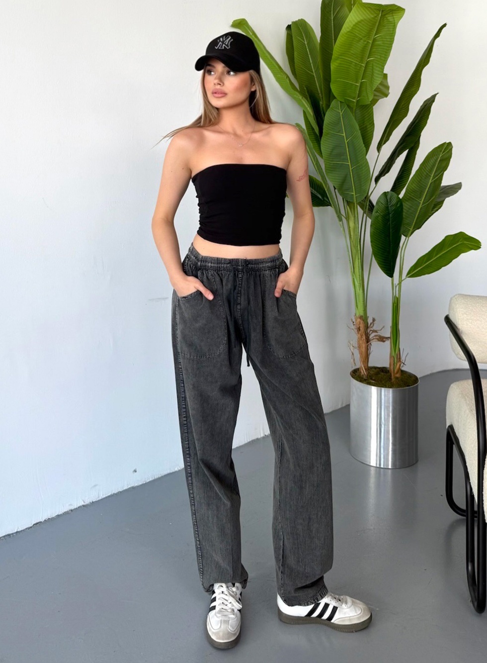 Kadın Büyük Beden Yüksek Bel Keten Görünümlü %100 Pamuk Pantolon