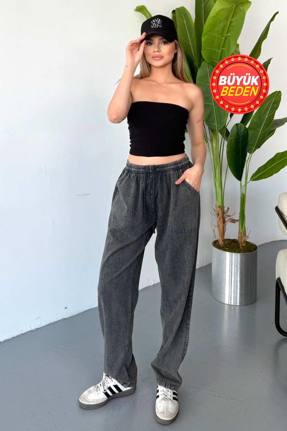 Kadın Büyük Beden Yüksek Bel Keten Görünümlü %100 Pamuk Pantolon