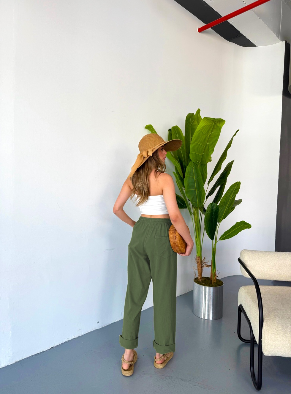 Kadın Büyük Beden Yüksek Bel Keten Görünümlü %100 Pamuk Pantolon