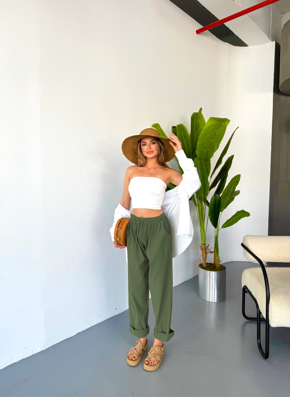 Kadın Büyük Beden Yüksek Bel Keten Görünümlü %100 Pamuk Pantolon