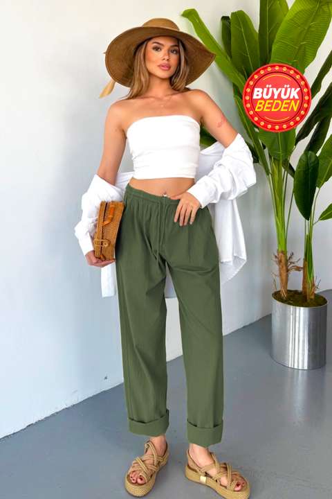 Haki Kadın Büyük Beden Yüksek Bel Keten Görünümlü %100 Pamuk Pantolon W206