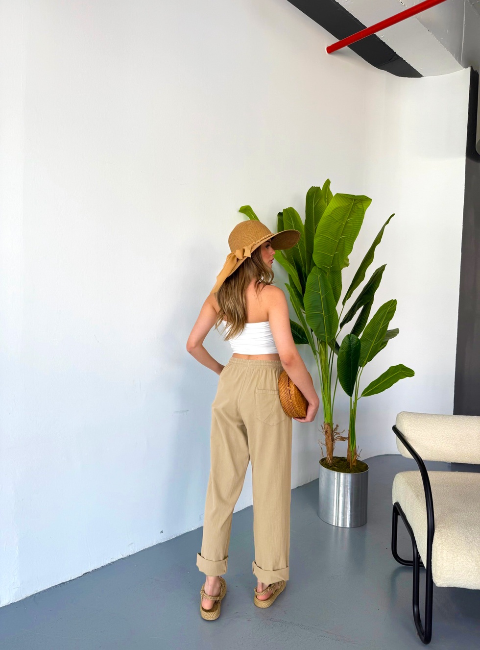 Kadın Büyük Beden Yüksek Bel Keten Görünümlü %100 Pamuk Pantolon