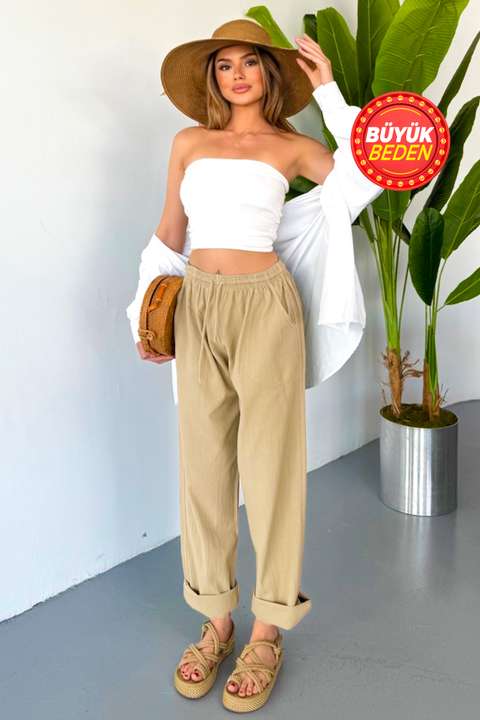 Bej Kadın Büyük Beden Yüksek Bel Keten Görünümlü %100 Pamuk Pantolon W206