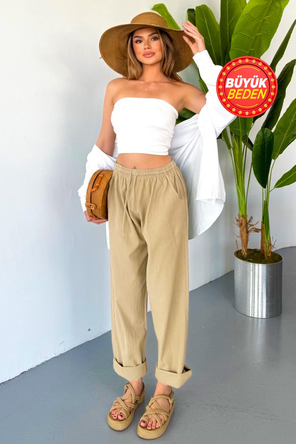 Kadın Büyük Beden Yüksek Bel Keten Görünümlü %100 Pamuk Pantolon
